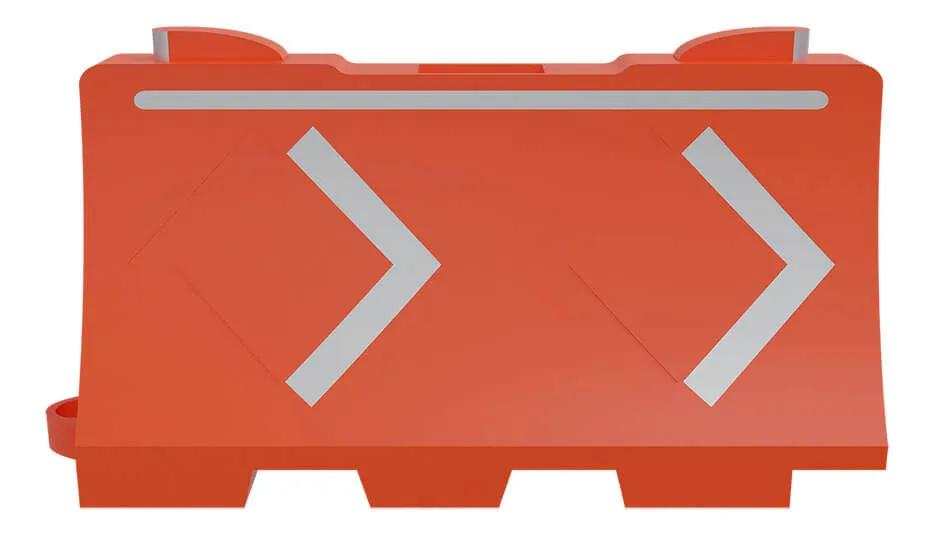 Barrera Ray naranja con dos flechas reflejantes y cinta superior, render de frente