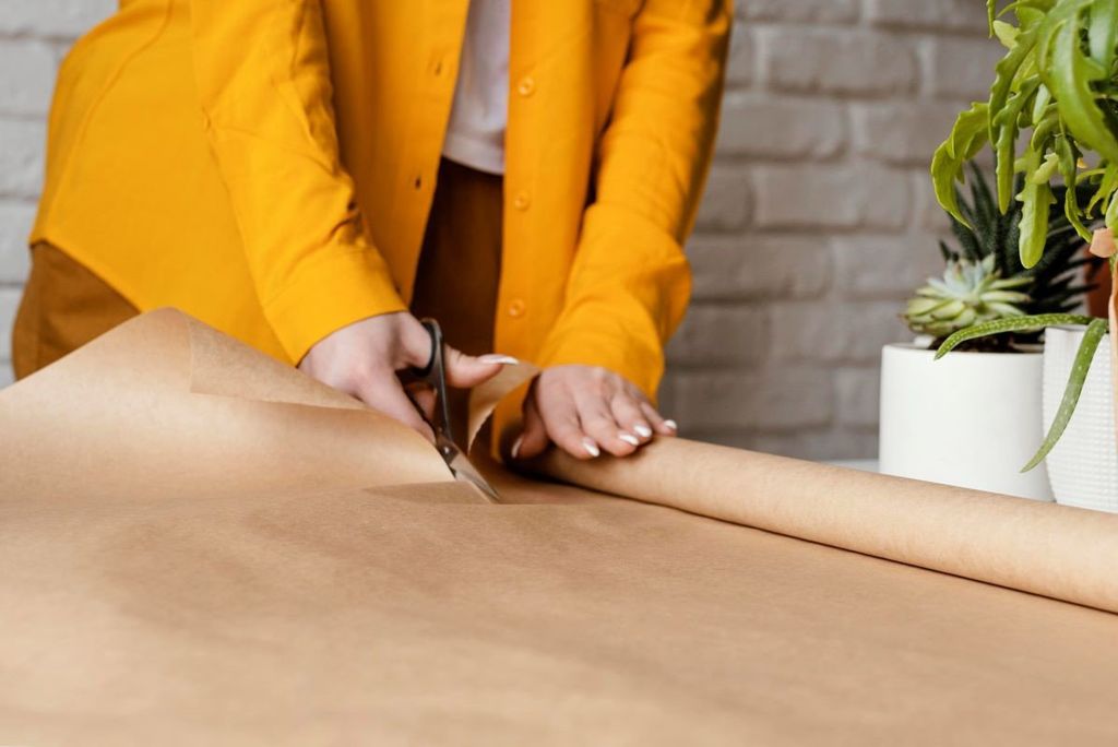 Persona con camisa amarilla corta con tijeras un rollo de papel kraft extendido sobre una mesa
