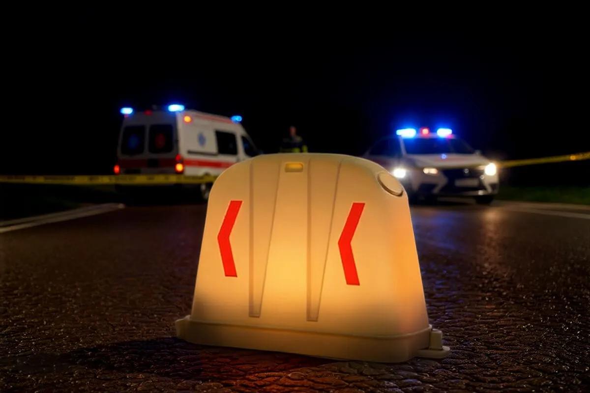 Barrera anidable con luz LED encendida de noche frente a una ambulancia y una patrulla con torretas