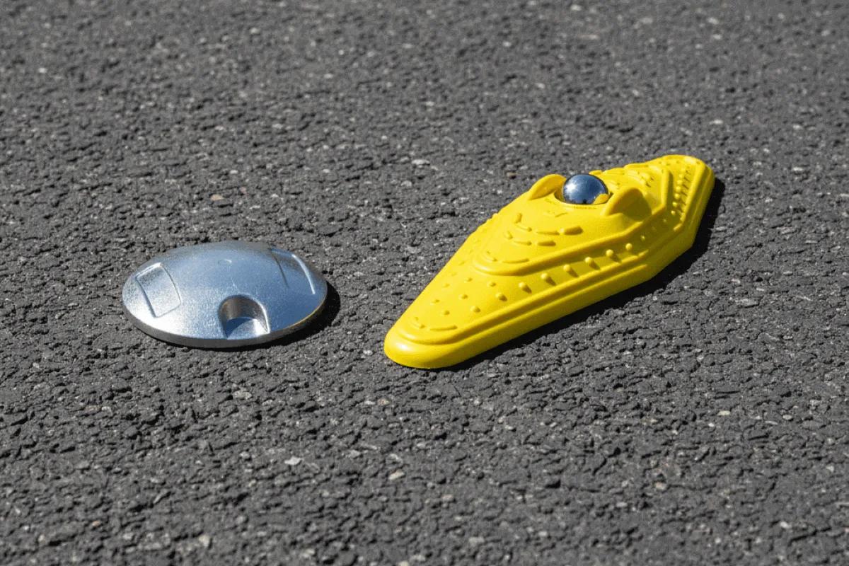 Botón vial metálico redondo junto a un canalizador kayak amarillo con esfera de luz al centro, sobre asfalto