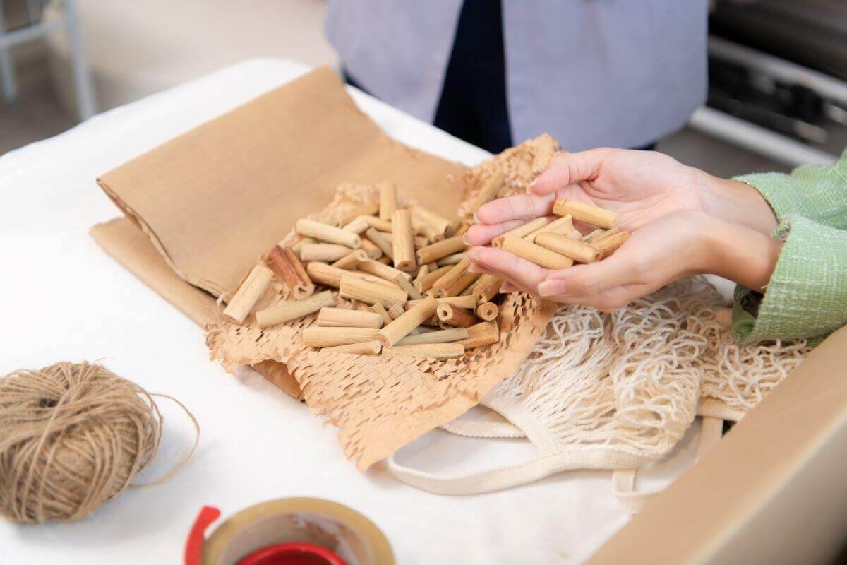 Manos sostienen pequeños tubos de cartón de relleno sobre papel kraft de panal, con hilo de yute y bolsa de malla al lado