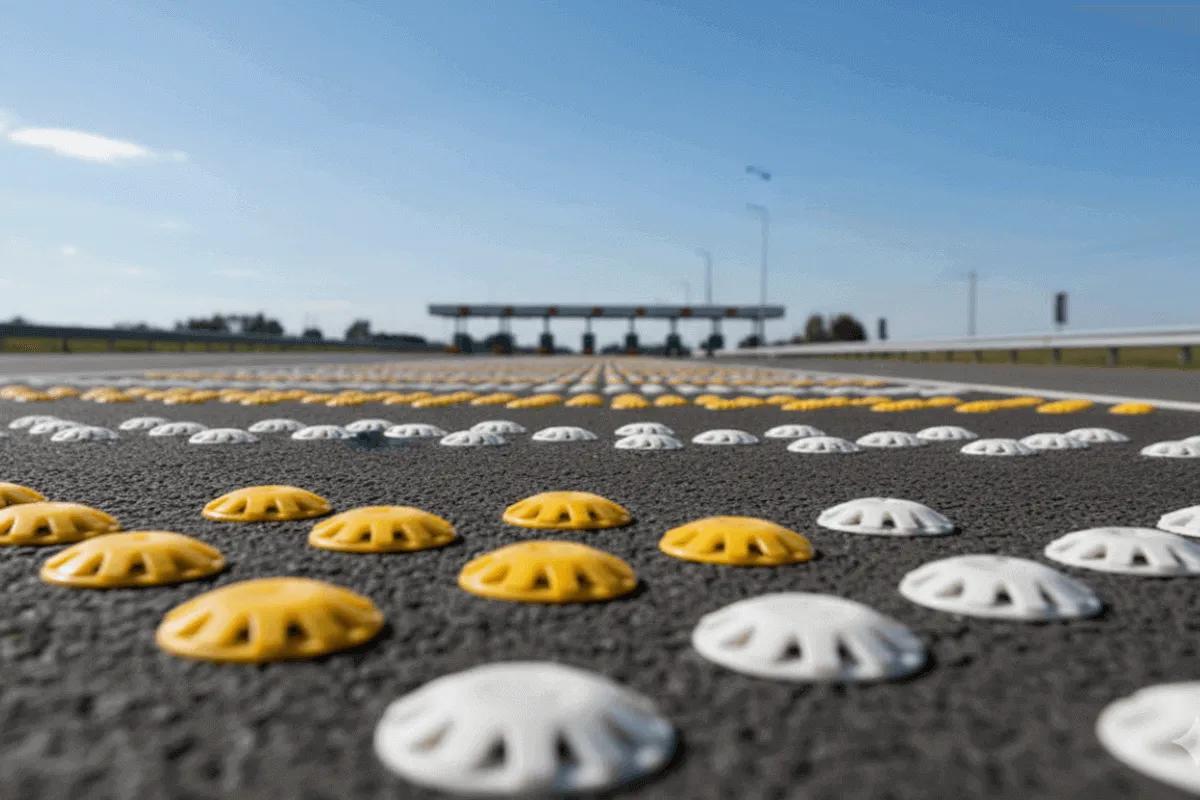 Botones viales amarillos y blancos instalados en hileras sobre el pavimento antes de una caseta de cobro