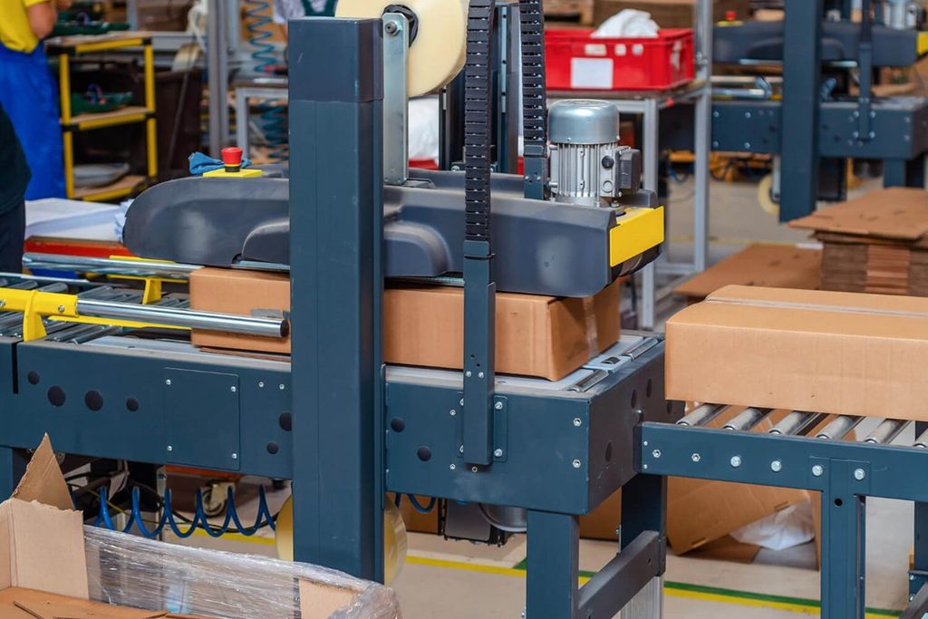 Máquina encintadora automática cierra cajas de cartón sobre una banda de rodillos