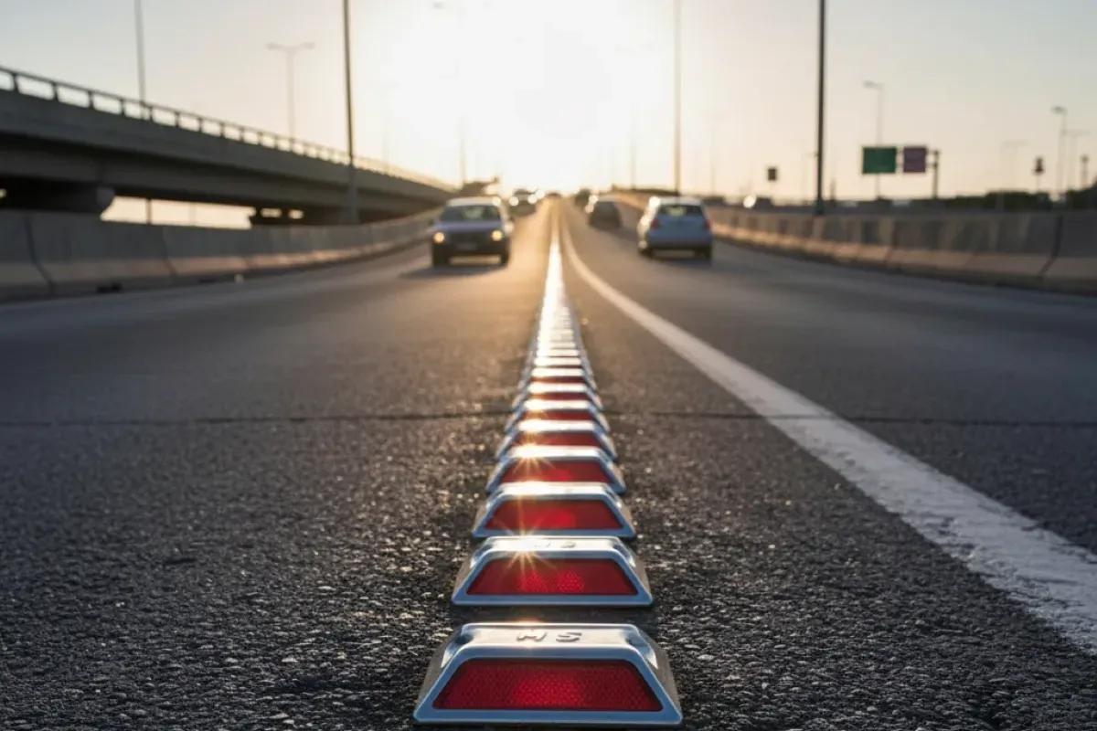 Hilera de vialetas de aluminio con reflejante rojo sobre una autopista al atardecer, con autos al fondo
