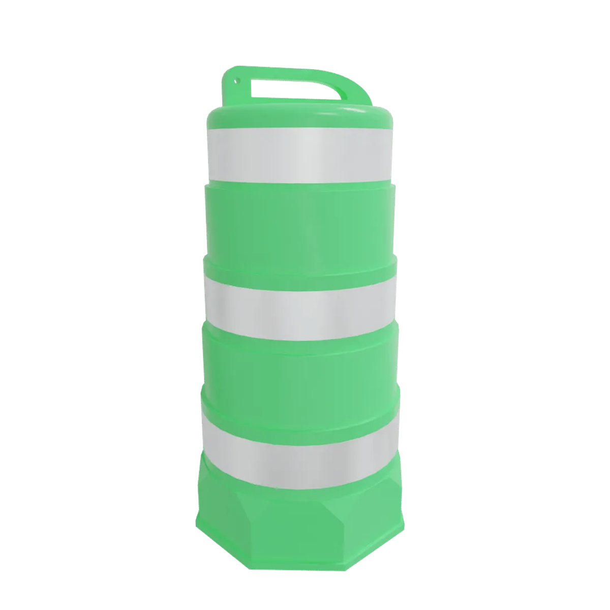 Modelo 3D de un trafitambo verde claro con tres bandas reflejantes blancas sobre fondo negro