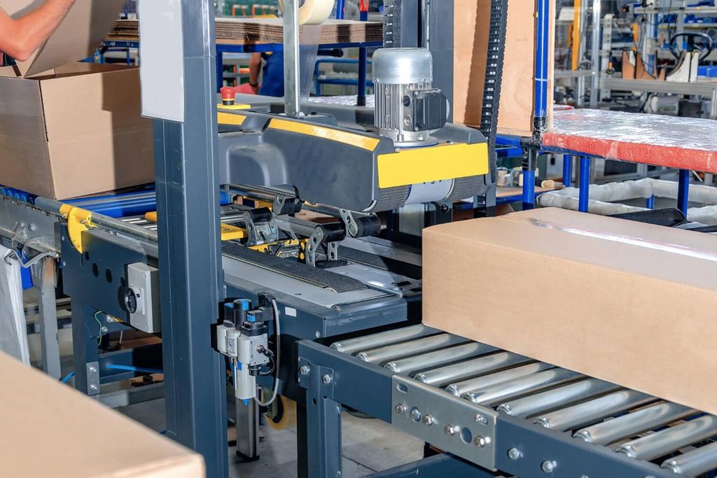 Máquina selladora de cajas amarilla y gris con transportador de rodillos y cajas de cartón en una línea de producción