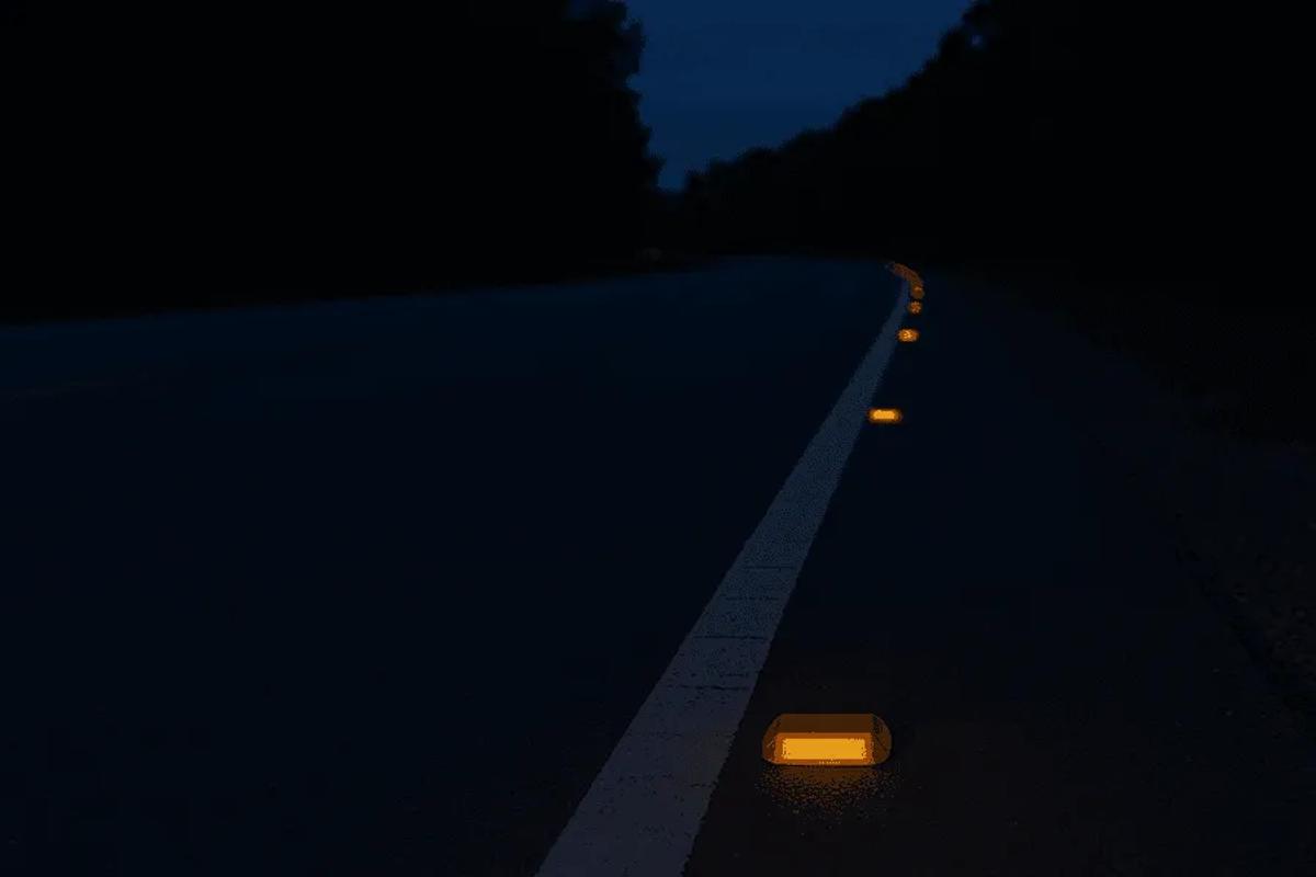 Vialetas con luz ámbar junto a la línea blanca de orilla en una carretera de noche