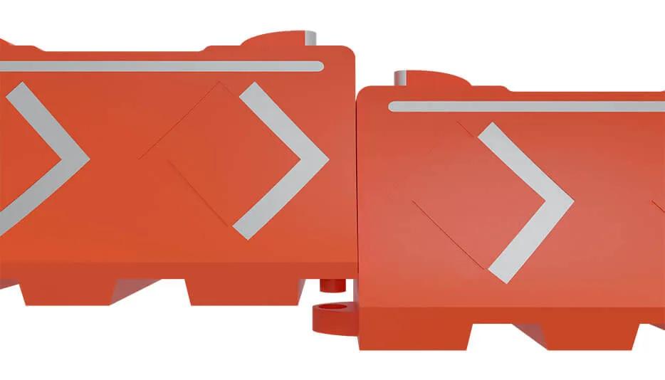 Unión macho y hembra entre dos Barreras Ray naranja con flechas reflejantes
