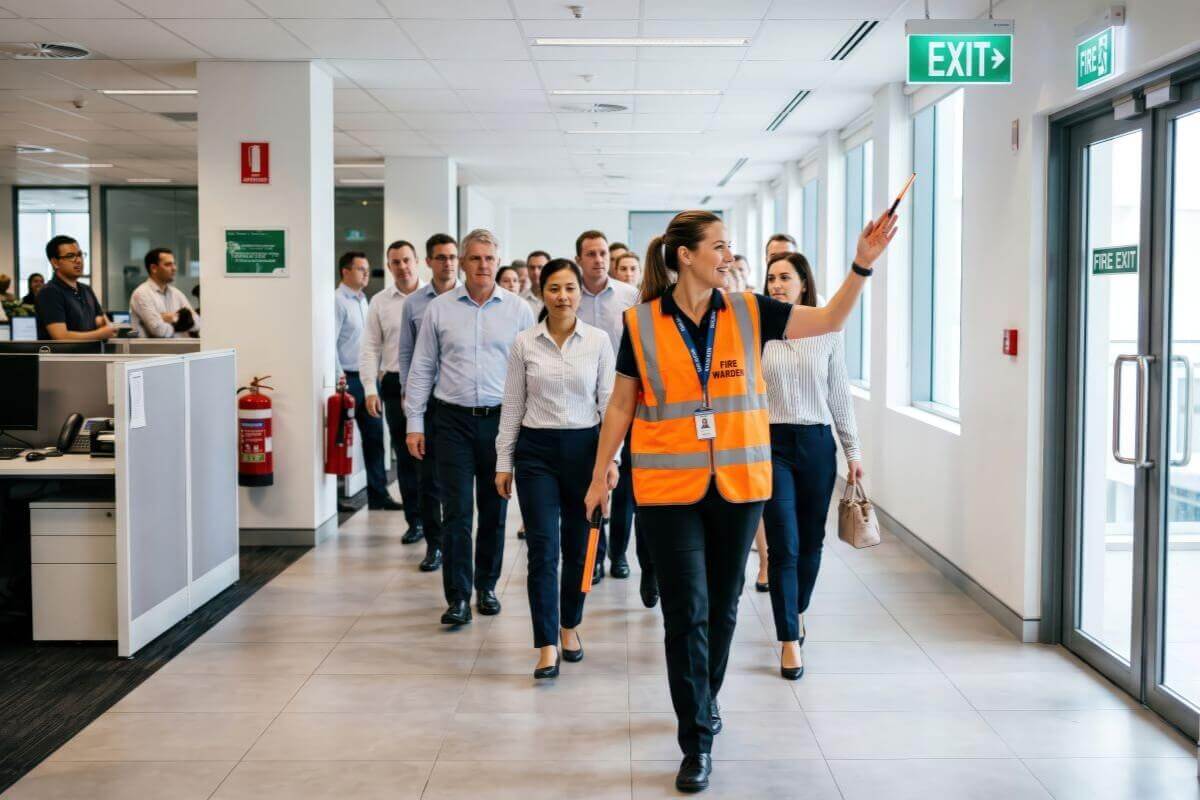 Brigadista con chaleco naranja guía a empleados hacia la salida de emergencia en una oficina