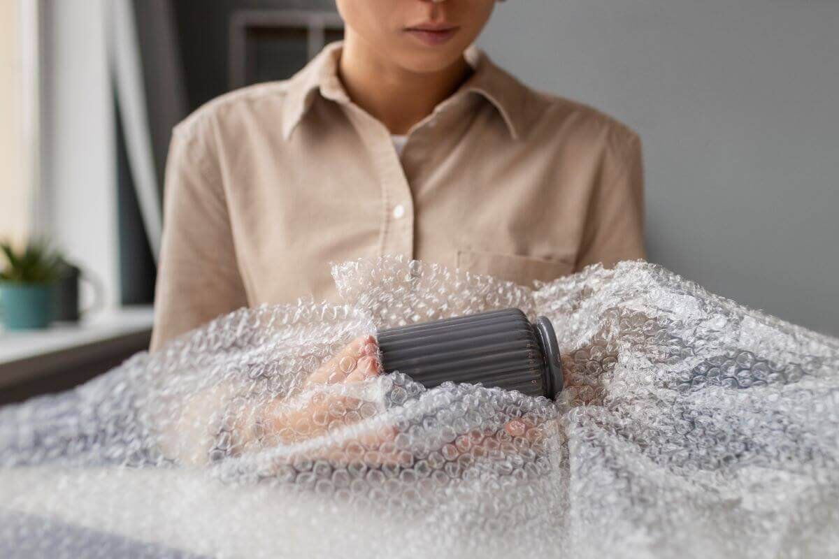 Persona con camisa beige envuelve una taza gris con poliburbuja sobre una mesa