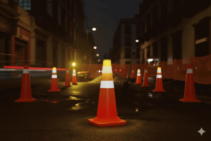 Conos naranjas con luz en la punta delimitando una obra en una calle de noche, con malla naranja al fondo