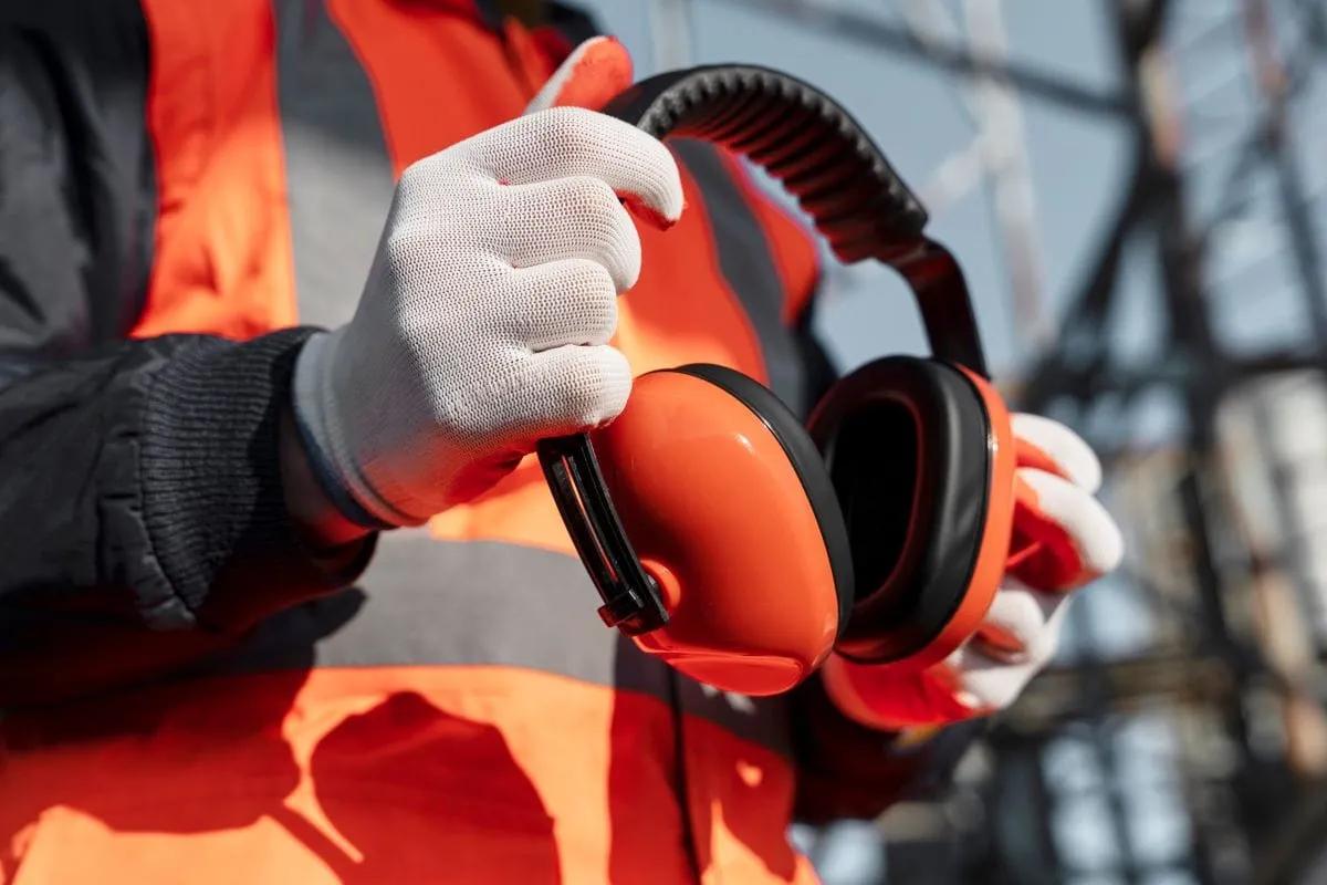 Trabajador con chamarra naranja de alta visibilidad y guantes blancos sostiene orejeras naranjas de protección auditiva