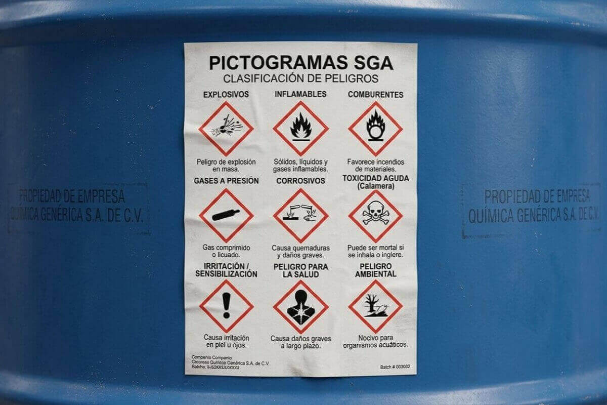 Etiqueta 'Pictogramas SGA Clasificación de Peligros' pegada en un tambo azul industrial