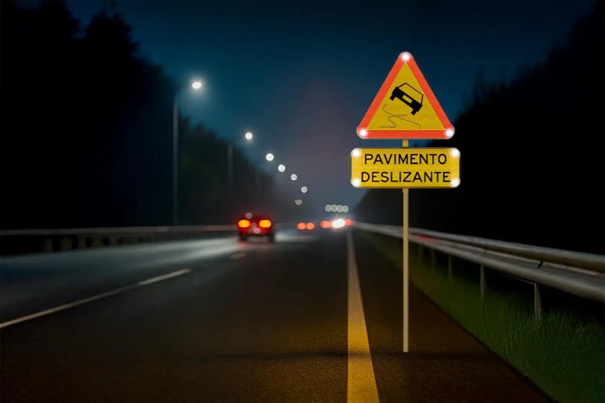 Señal preventiva de pavimento deslizante con luces LED junto a una carretera de noche, con autos al fondo