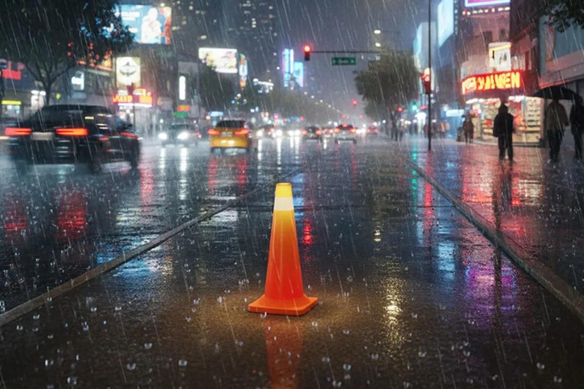 Cono vial naranja con banda blanca en una avenida mojada bajo la lluvia, de noche, con tráfico y letreros iluminados