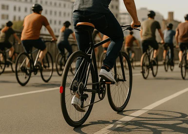 Grupo de ciclistas con casco rueda por un carril urbano; al frente, un ciclista de mezclilla y tenis blancos