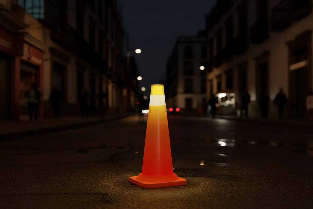 Cono vial naranja con la punta encendida en medio de una calle oscura entre edificios antiguos