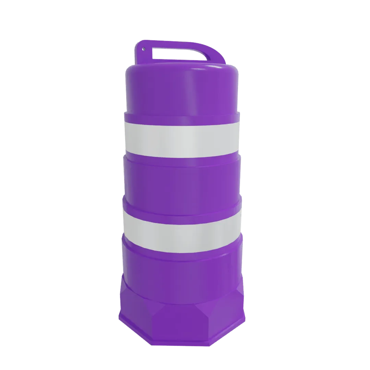 Render de un trafitambo morado con dos bandas reflejantes blancas y asa superior sobre fondo negro