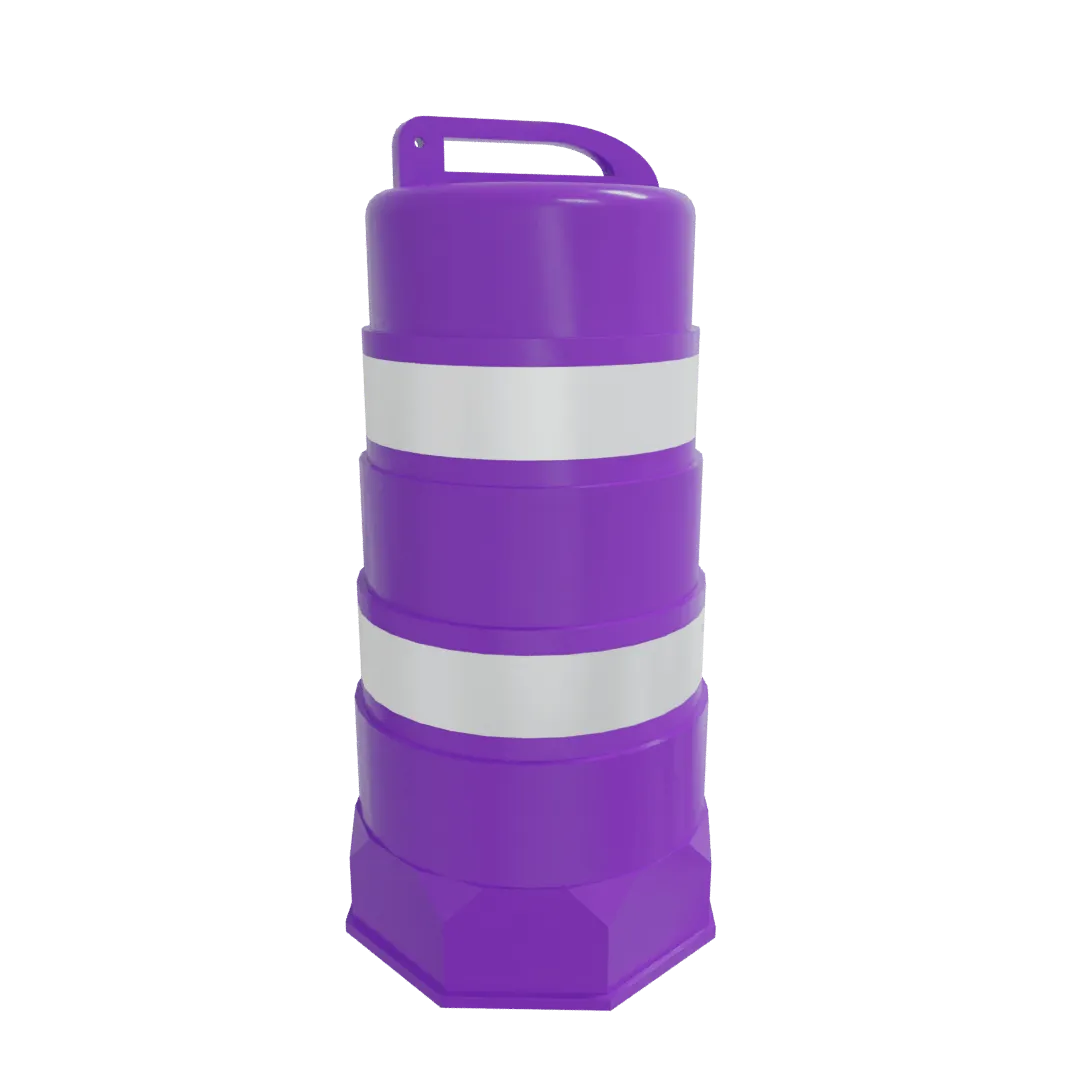 Render de un trafitambo morado con dos bandas reflejantes blancas y asa superior sobre fondo negro