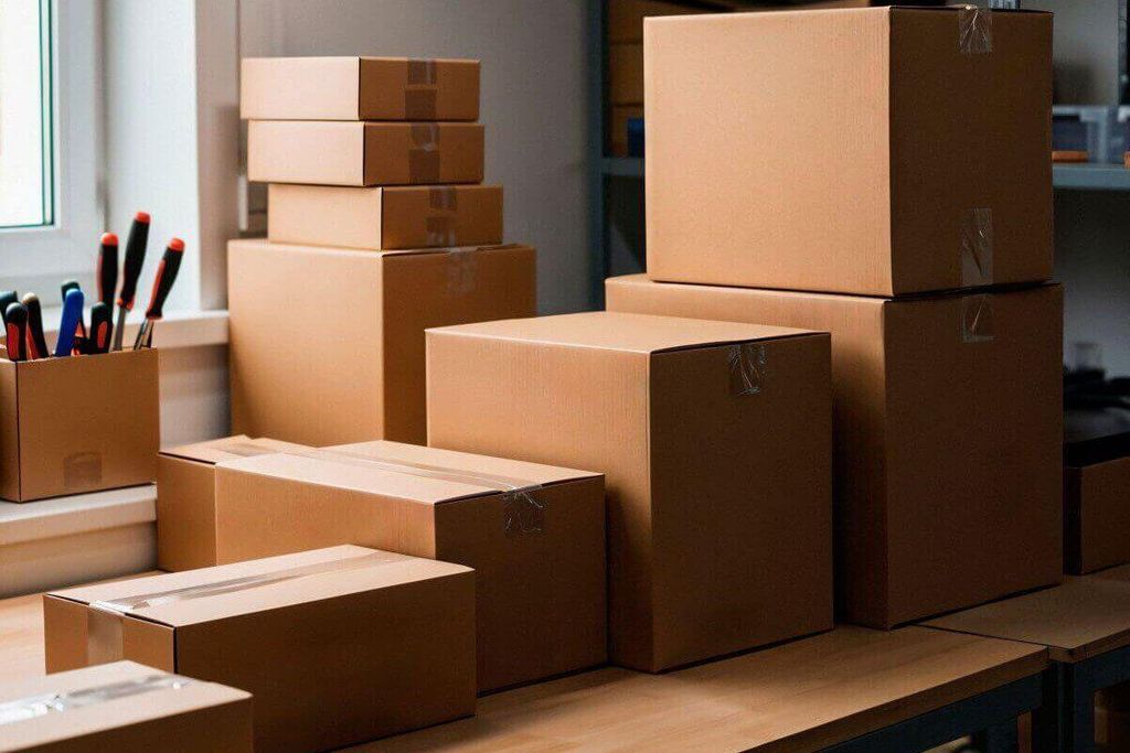 Cajas de cartón de varios tamaños apiladas en orden sobre una mesa de trabajo junto a un bote con desarmadores