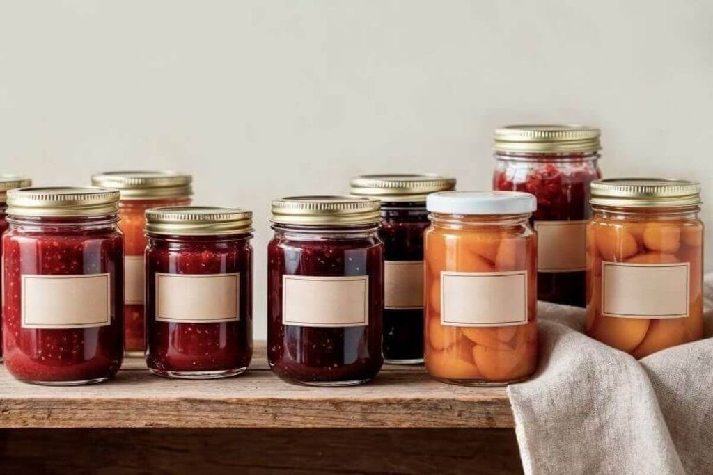 Frascos de vidrio con mermeladas y duraznos en conserva, con tapas doradas y etiquetas en blanco