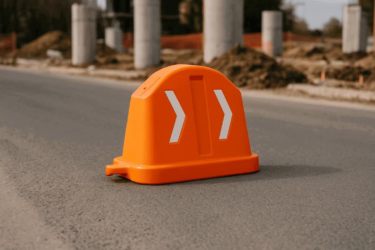 Barrera vial anidable naranja con dos chevrons blancos sobre el asfalto de una obra