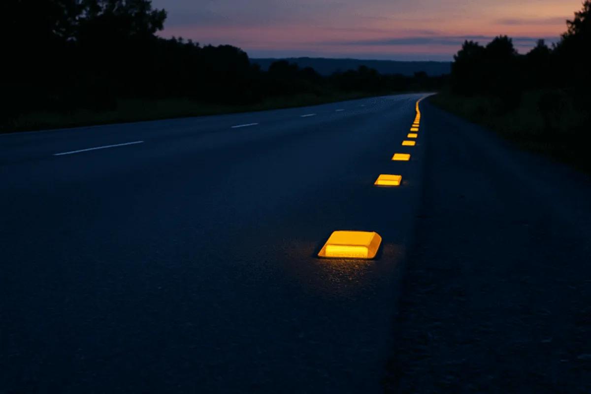 Vialetas amarillas iluminadas a lo largo de la orilla de una carretera al anochecer