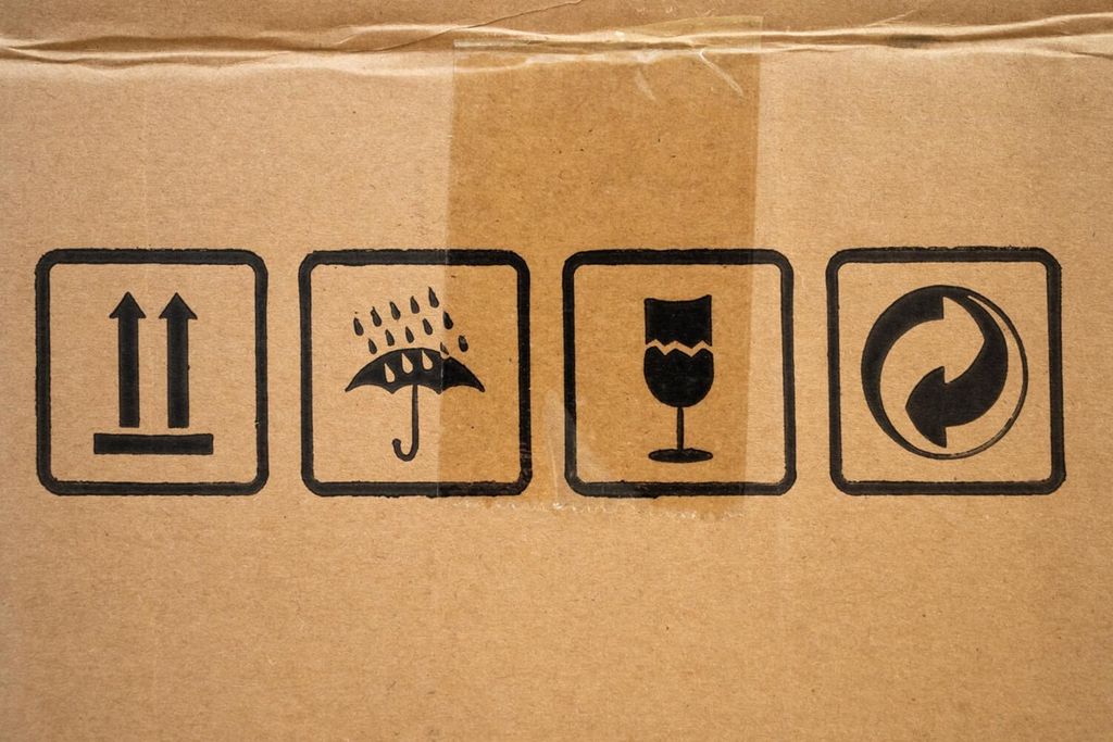 Caja de cartón con cuatro símbolos impresos: este lado arriba, proteger de la lluvia, frágil y reciclable