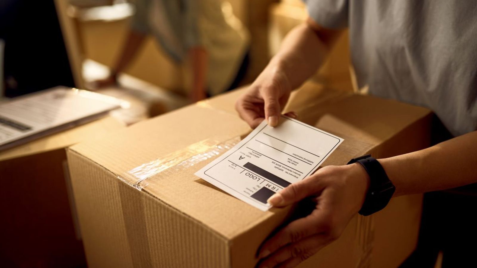 Persona pega una etiqueta de envío sobre una caja de cartón cerrada con cinta transparente, con más cajas al fondo