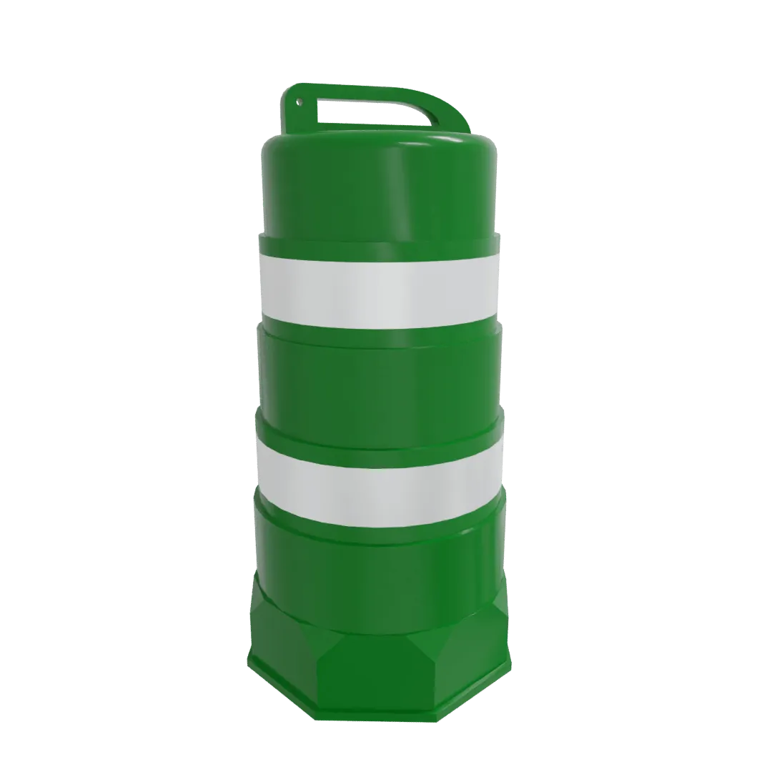 Render de un trafitambo verde con dos bandas reflejantes blancas y asa superior sobre fondo negro