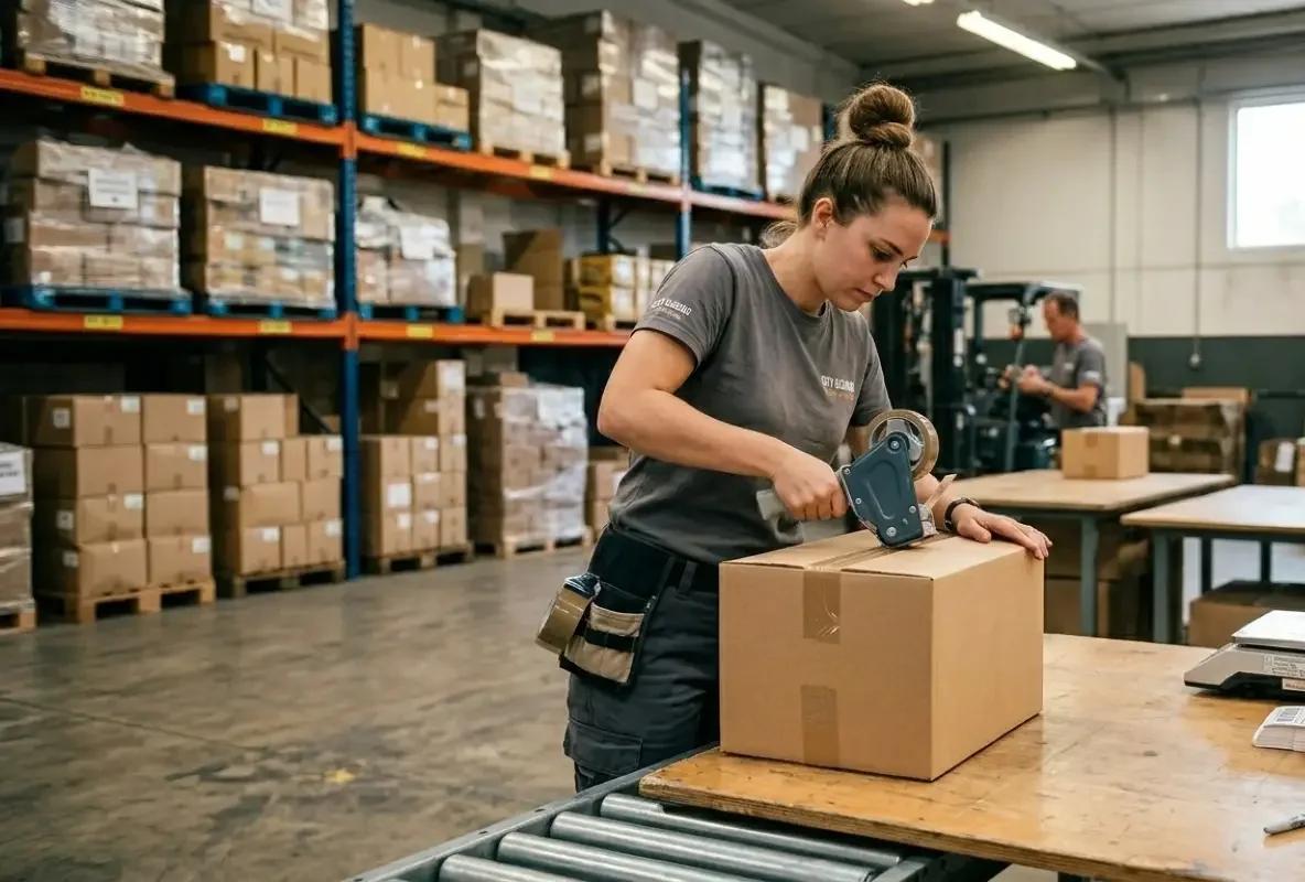 Trabajadora sella una caja de cartón con dispensador de cinta sobre una banda de rodillos en un almacén con racks