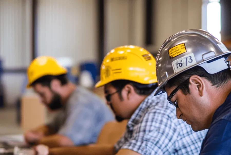 Tres trabajadores con cascos de seguridad, dos amarillos y uno plateado, revisan papeles en una mesa de taller