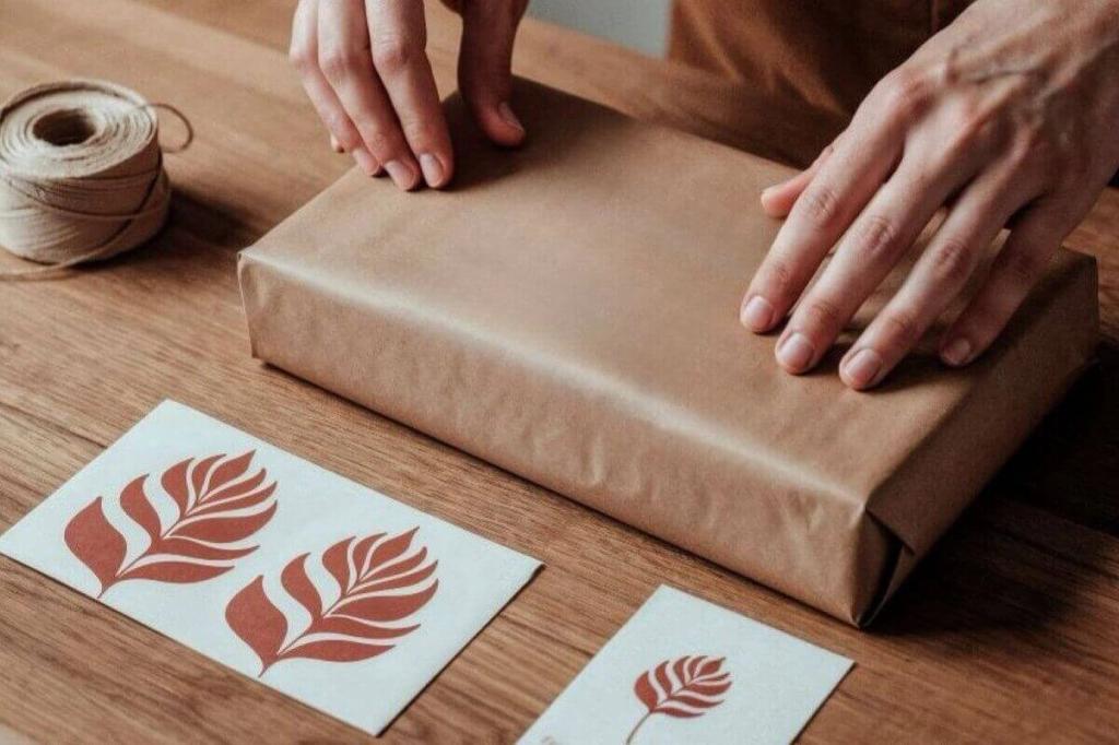 Manos envuelven un paquete plano tipo libro en papel kraft sobre una mesa de madera, con hilo y tarjetas al lado
