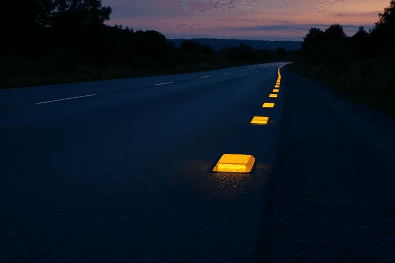 Vialetas amarillas iluminadas que marcan el borde de una carretera al anochecer