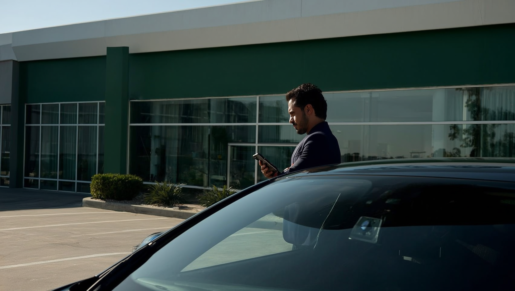 Vendedor mexicano de traje oscuro revisando su teléfono en el estacionamiento de una empresa, con luz natural y un edificio de oficinas al fondo