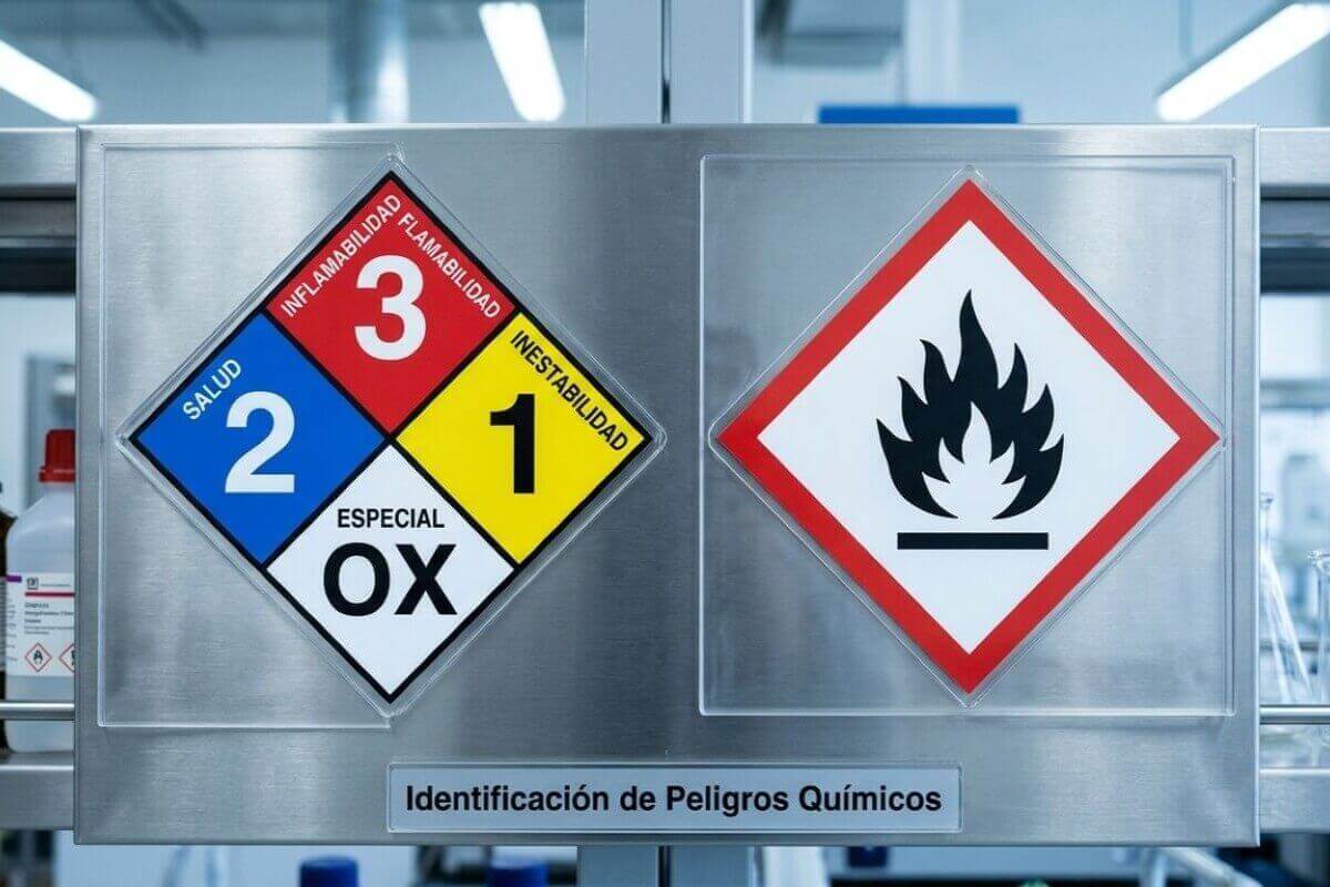 Rombo de seguridad NFPA 704 con sus cuatro colores junto a un pictograma del SGA