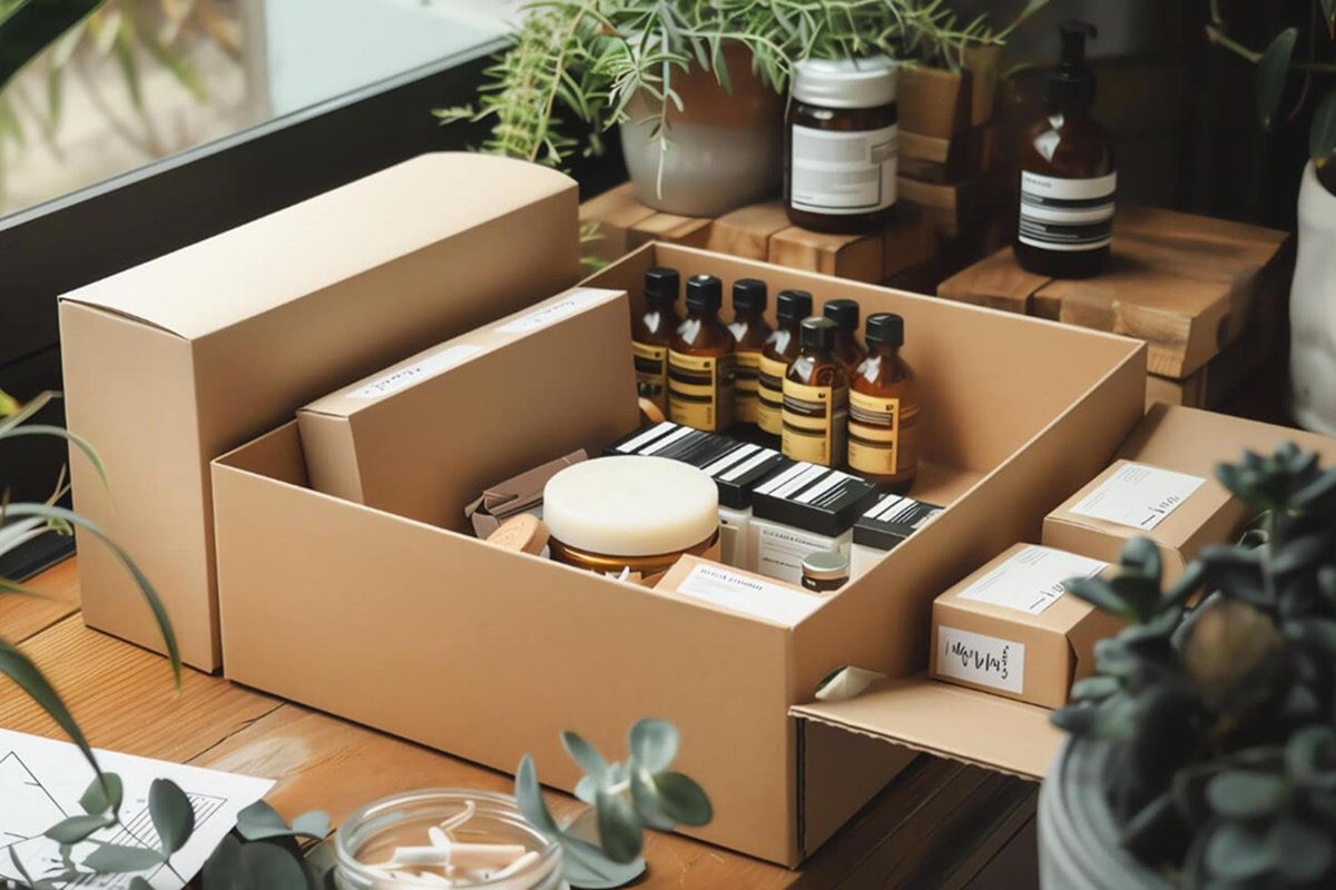 Caja de cartón abierta con frascos ámbar, cremas y cajitas de cosméticos sobre una mesa de madera con plantas