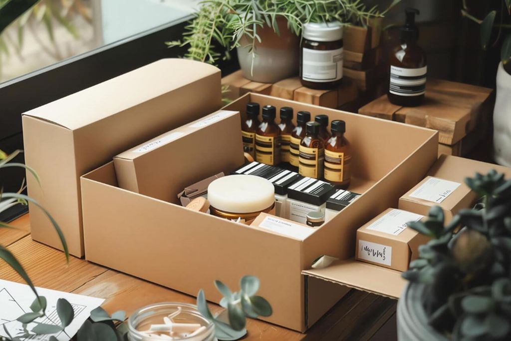 Caja de cartón abierta con frascos ámbar, tarros y estuches de cosméticos, junto a cajas pequeñas etiquetadas