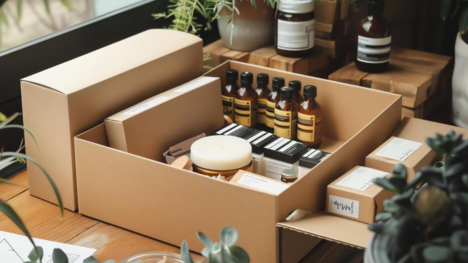 Caja de cartón abierta con frascos ámbar, cremas y cajitas de cosméticos sobre una mesa de madera con plantas