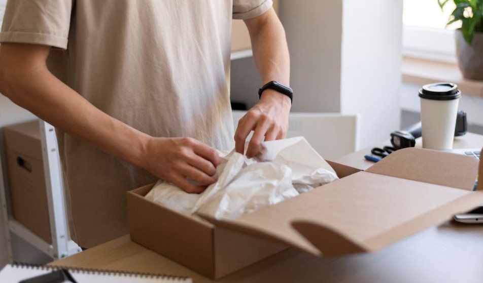 Persona acomoda papel de seda blanco dentro de una caja kraft pequeña sobre un escritorio