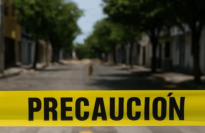 Cinta amarilla de PRECAUCIÓN tendida a lo ancho de una calle arbolada vacía