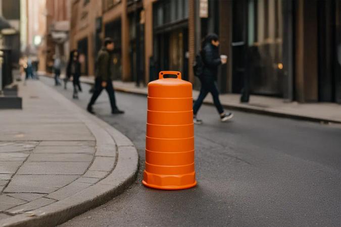 Trafitambo naranja junto a la banqueta de una calle con peatones cruzando
