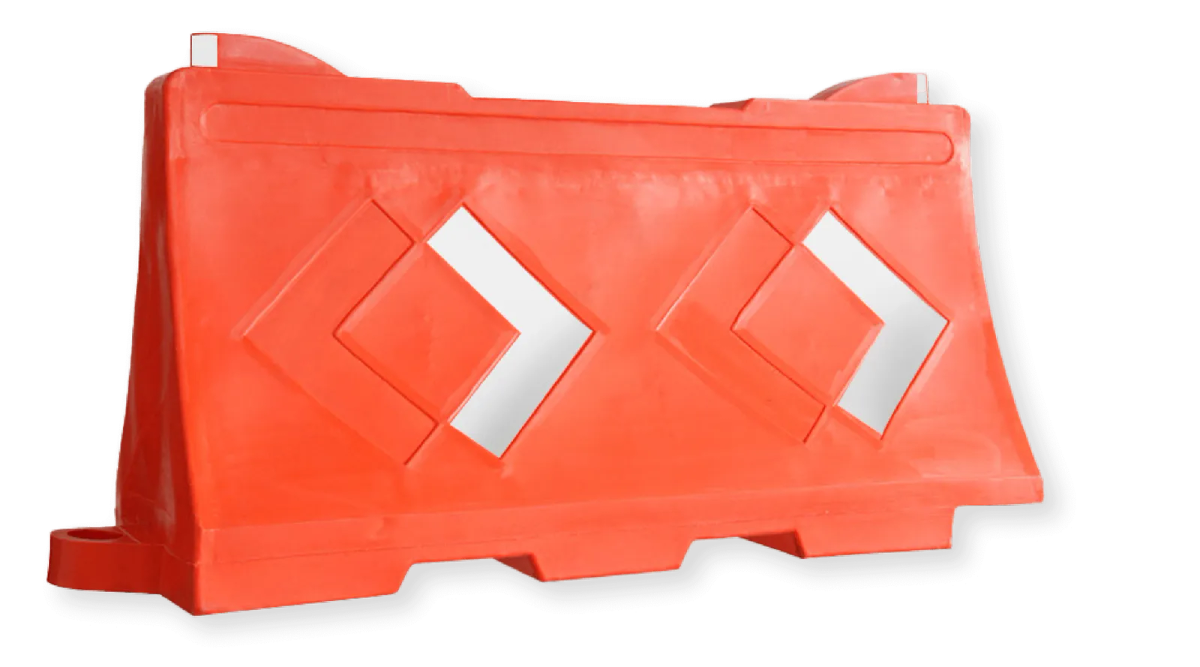 Barrera Ray naranja con dos chevrons reflejantes blancos, foto de producto sobre fondo negro