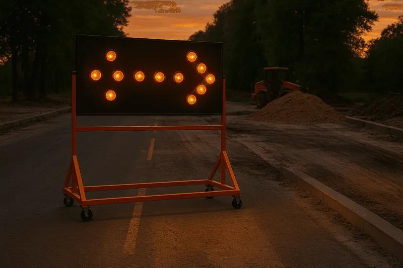 Flechero luminoso con luces LED ámbar en forma de flecha sobre un soporte con ruedas en una obra al atardecer