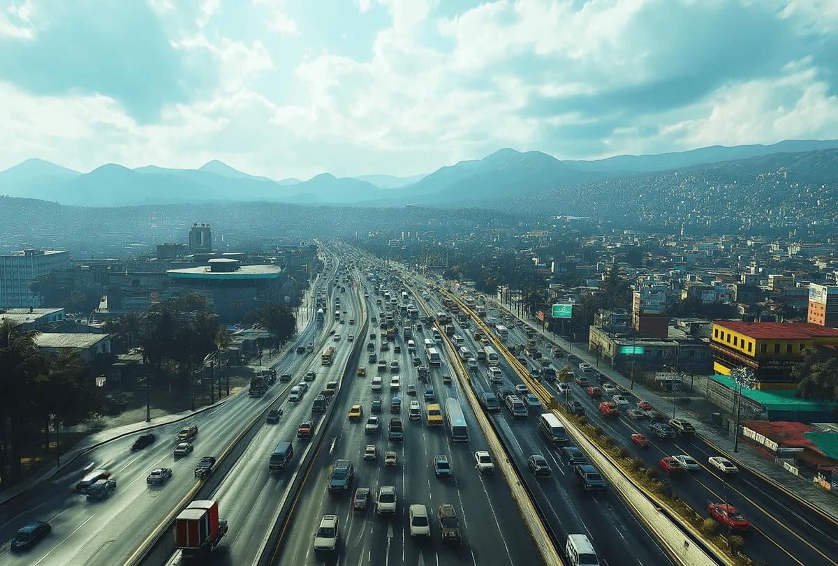 Vista aérea de una avenida de muchos carriles llena de autos, con edificios y montañas al fondo