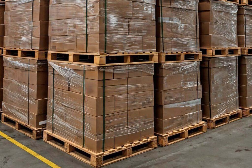 Tarimas de cajas de cartón envueltas con playo y sujetas con fleje verde, estibadas en un almacén