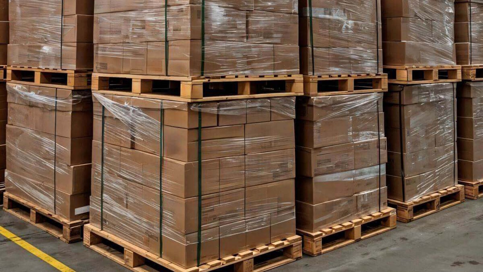 Tarimas de cajas de cartón envueltas con playo y sujetas con fleje verde, estibadas en un almacén
