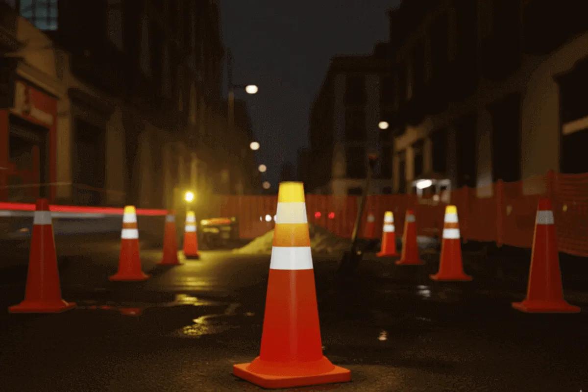 Conos viales naranjas con punta de luz amarilla encendida y malla naranja en una obra sobre una calle de noche