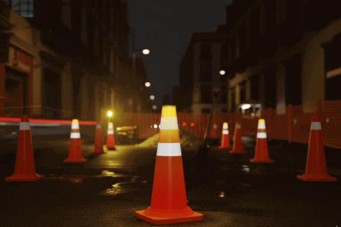 Conos viales naranjas con punta de luz amarilla encendida y malla naranja en una obra sobre una calle de noche
