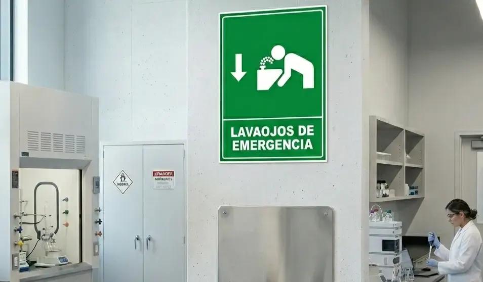 Señalización de protección civil en un laboratorio